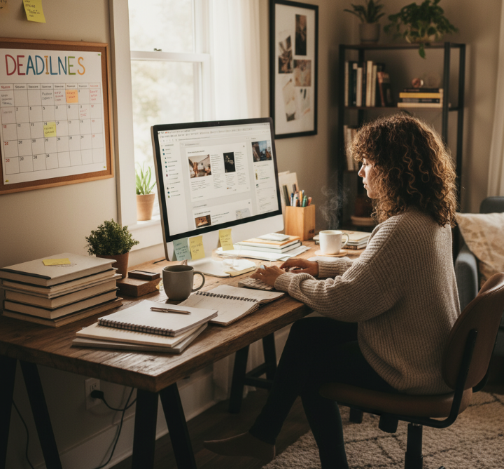 Content writer working on laptop with multiple writing projects