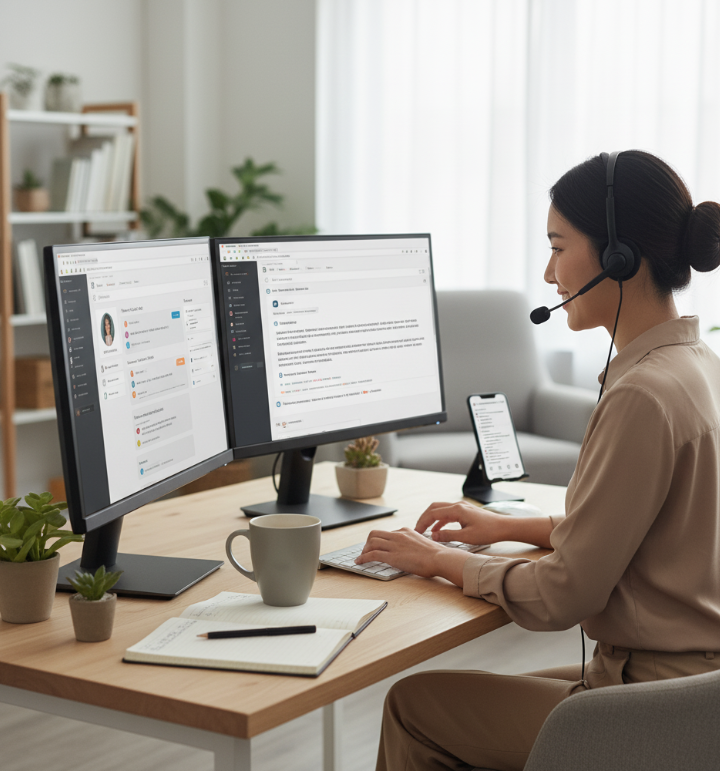 Remote customer service professional helping customers via multiple channels