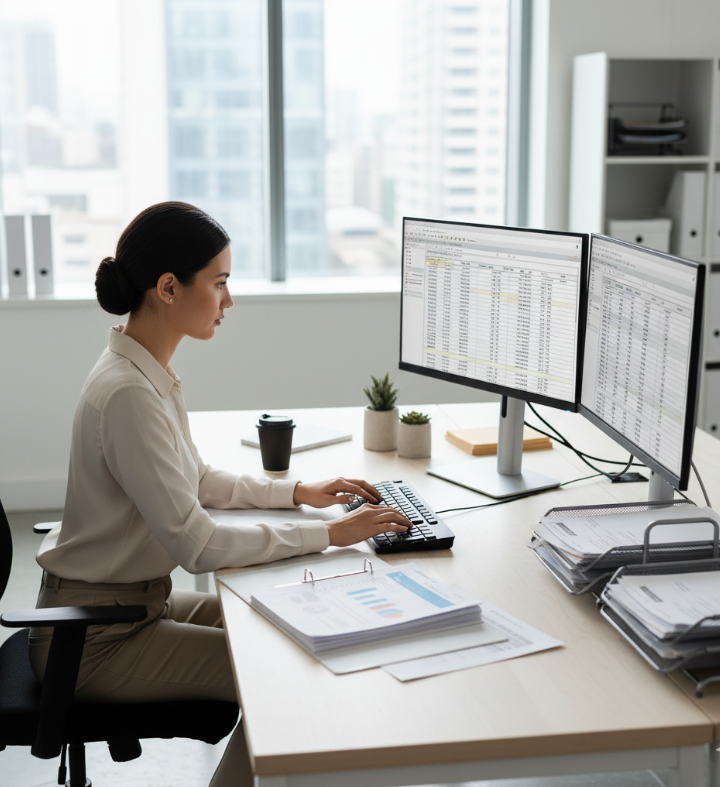 Data entry professional working on computer with spreadsheets and databases