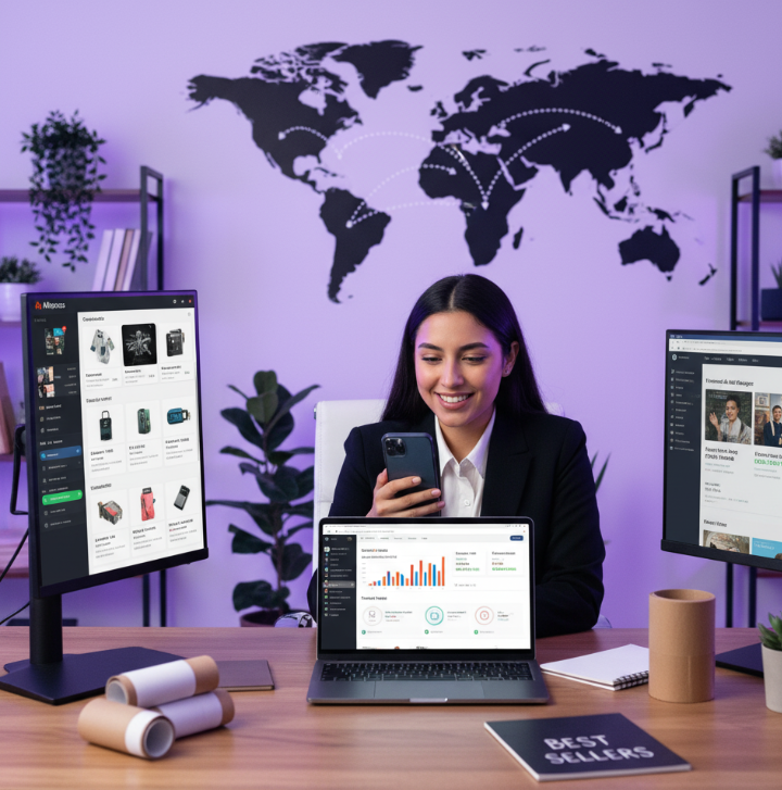 Dropshipping business setup showing laptop with Shopify store and product packaging