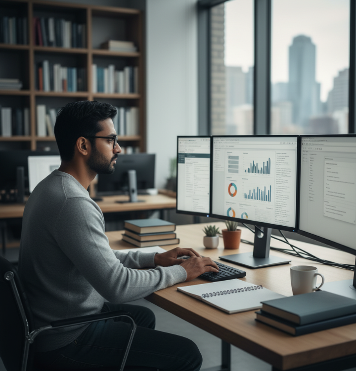 Online researcher analyzing data on multiple screens in modern workspace