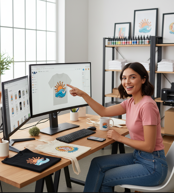 Print-on-demand products showing custom t-shirts, mugs, and phone cases