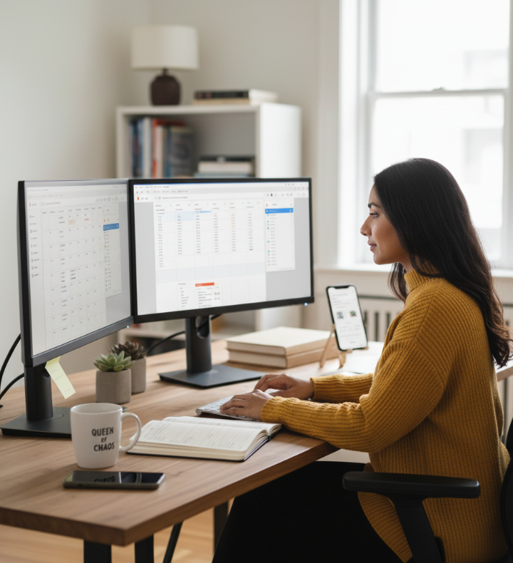 Virtual assistant working remotely with multiple screens and digital tools